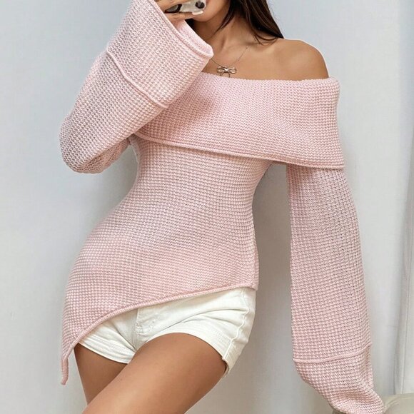 Pink Casual Women's Solid Color Off-Shoulder Flared Sleeve Loose Sweater - Picture 4 of 6